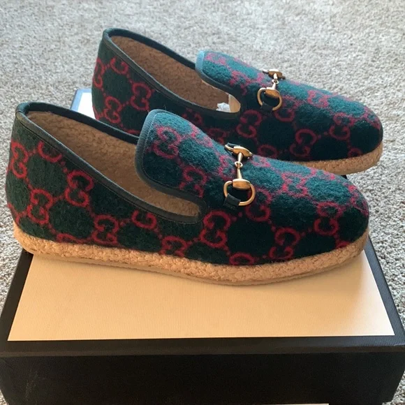 ⭐️HOST PICK!⭐️Authentic Gucci Fria GG Monogram Wool Horsebit Loafers 9 Green Red - Picture 6 of 13